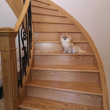 Wedge-shaped stair treads called winders, in red oak - After